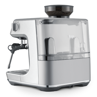 Silver espresso machine with clear water tank on a white background