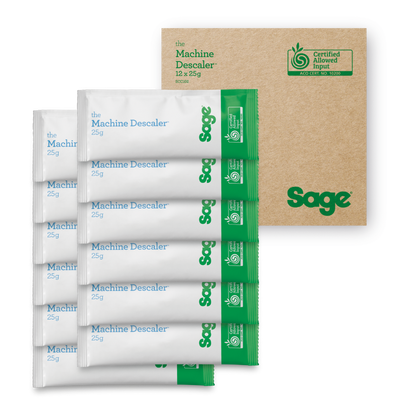 Sage Machine Descaler packets with a cardboard box on a white background