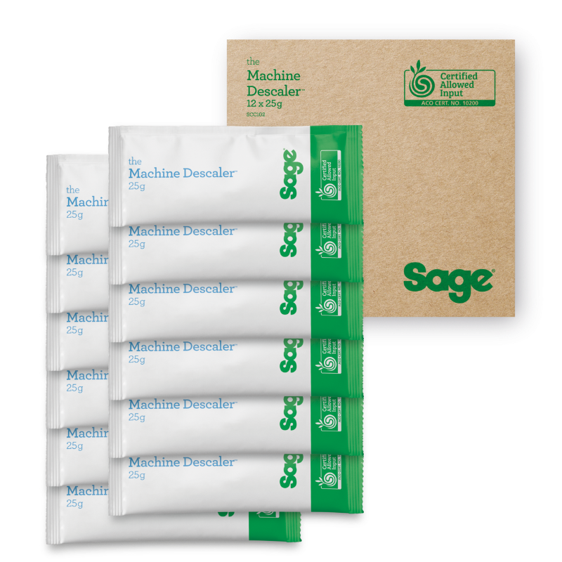 Sage Machine Descaler packets with a cardboard box on a white background