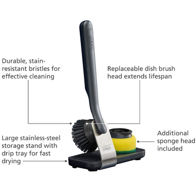 Dish cleaning brush set with features highlighted on a white background