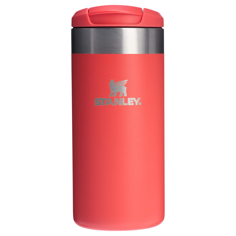Red Stanley travel mug with a silver lid on a white background