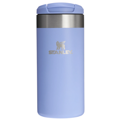 Light blue Stanley tumbler with a silver lid on a white background