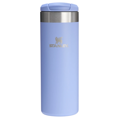 Light blue Stanley tumbler on a white background
