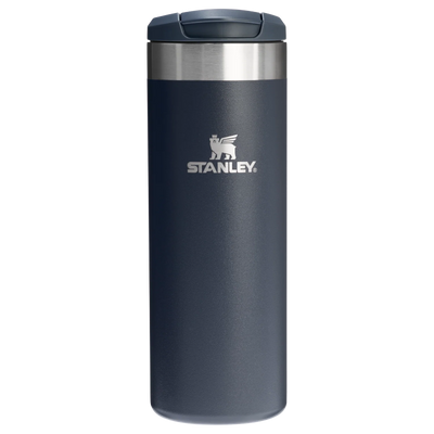 Navy blue Stanley tumbler on a white background