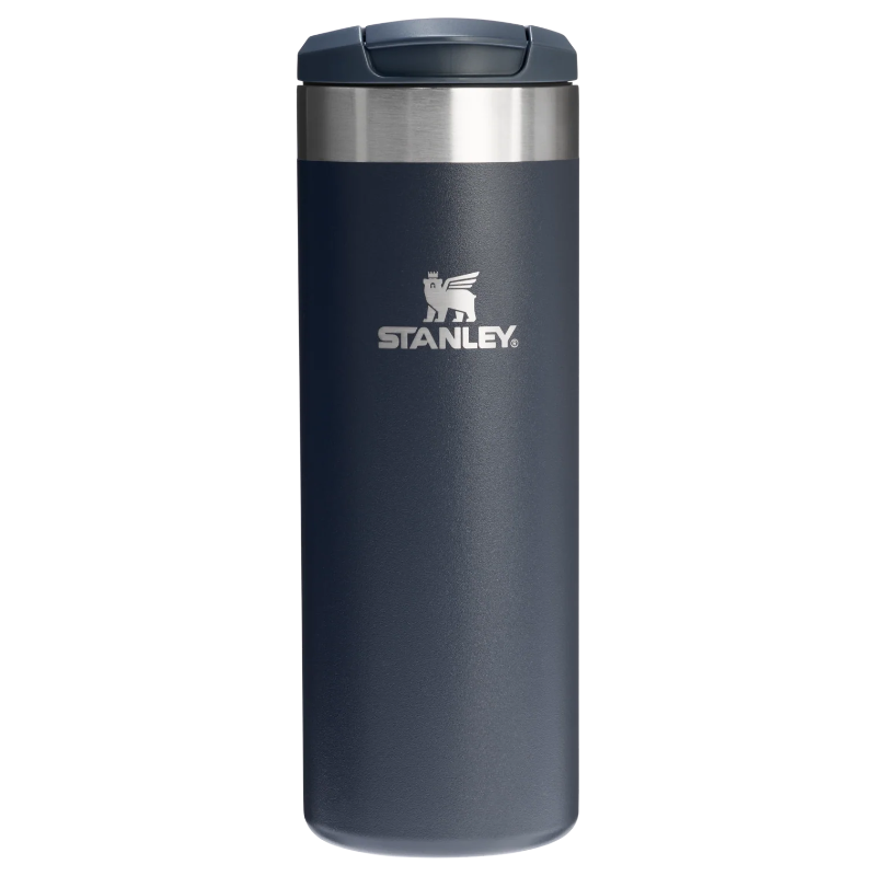 Navy blue Stanley tumbler on a white background