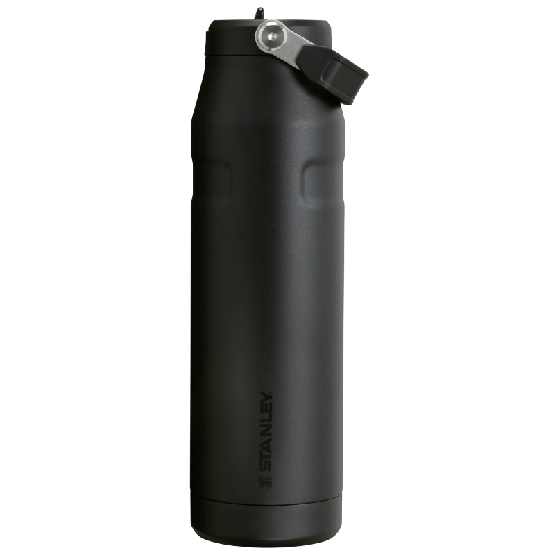 Black Stanley water bottle on a white background