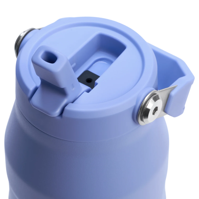 Close-up of a blue water bottle with a lid on a white background