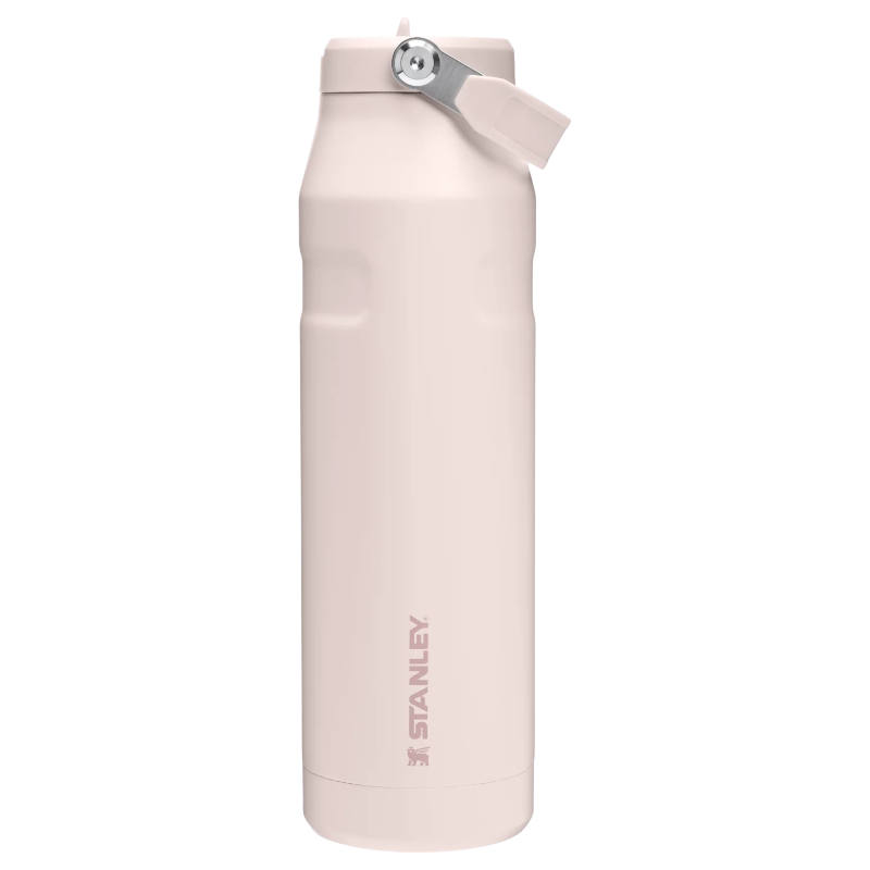 Pink Stanley water bottle on a white background