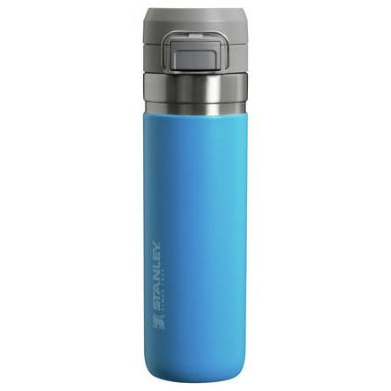 Blue insulated mug with a gray lid on a white background