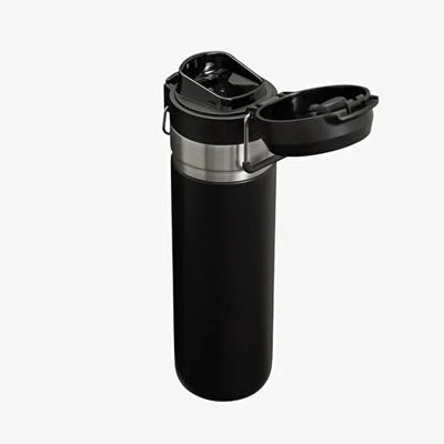 Black insulated travel mug with a silver base on a white background