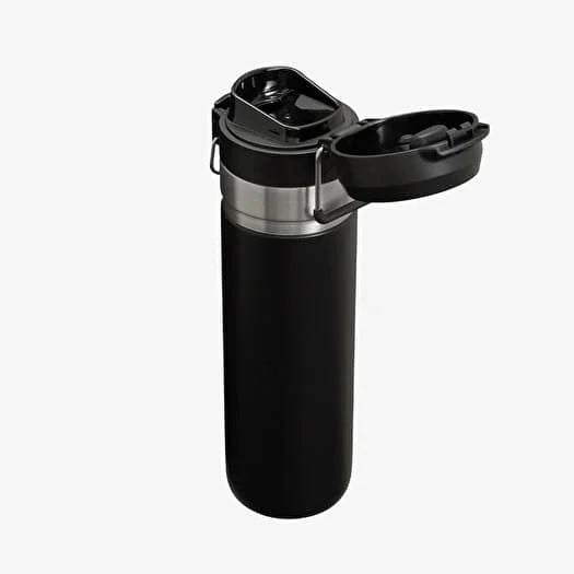 Black insulated travel mug with a silver base on a white background