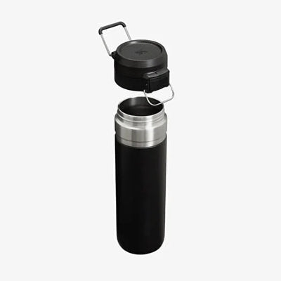 Black and silver insulated bottle on a white background