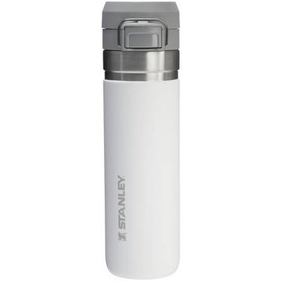 White Stanley water bottle with a silver cap on a white background