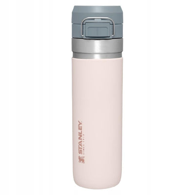 Pink Stanley water bottle with gray lid on a white background