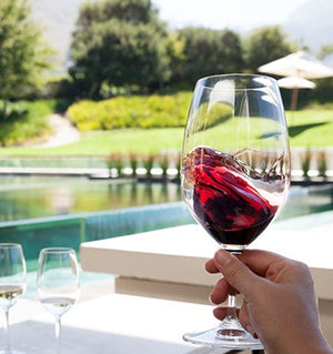 Riedel Red Wine Glass by a swimming pool