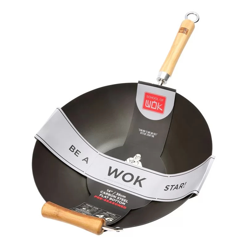 School of Wok Pre-Seasoned Wok 14 inch Flat Base