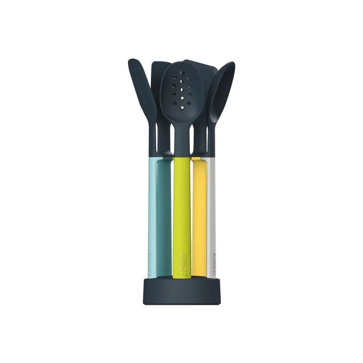 Joseph Joseph Duo Ensemble d'ustensiles de cuisine 5 pièces avec support de rangement, poignées en silicone et résistant à la chaleur, Noir/Rouge